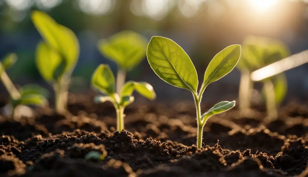 A close-up view of young plants with vibrant green leaves emerging from the soil, bathed in the warm glow of sunlight.