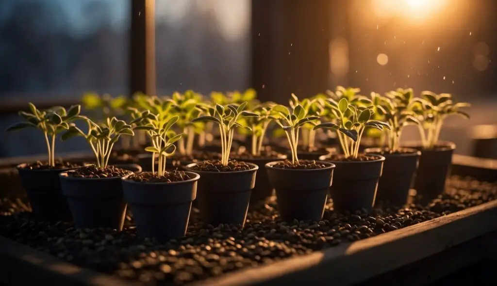 Young plants growing in pots indoors with sunlight filtering through a window.