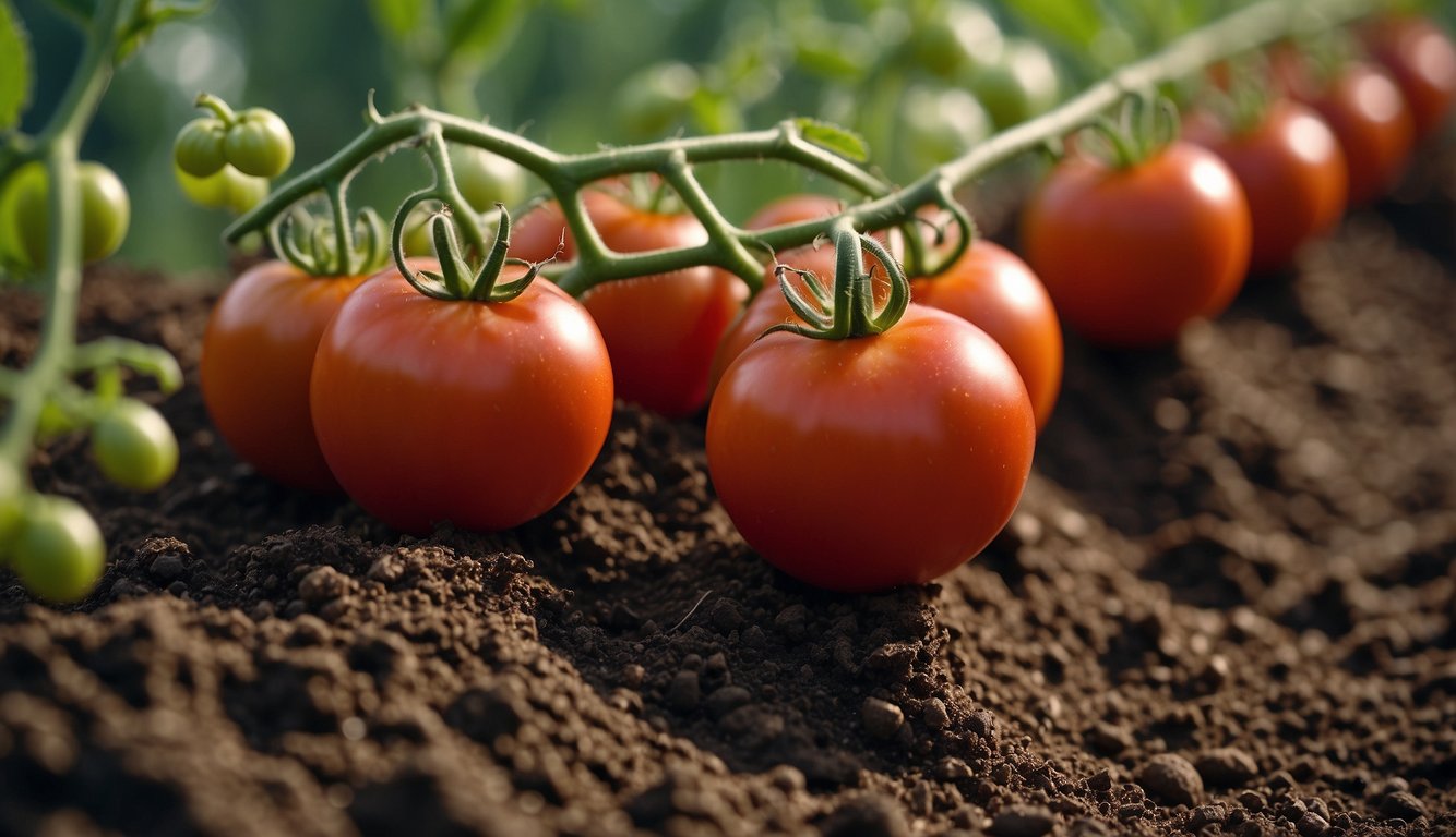 A close-up view of ripe tomatoes attached to a vine, laying sideways on rich, dark soil.