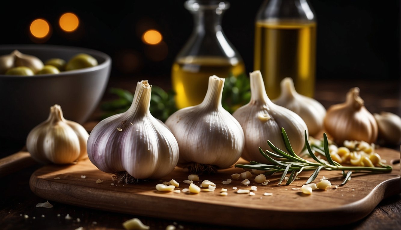 A rustic setting displaying whole and sliced garlic bulbs on a wooden cutting board, accompanied by olive oil and green olives, illuminated by warm lighting.