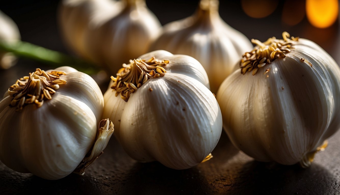 A close-up image of several bulbs of garlic with a few cloves exposed, showcasing their intricate textures and details, set against a dark background.