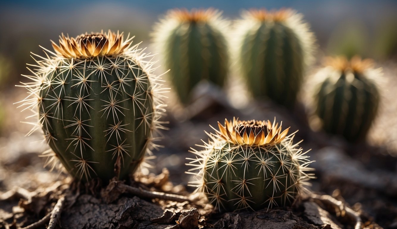 A group of healthy cacti with sharp spines and blooming flowers, basking in the sunlight.