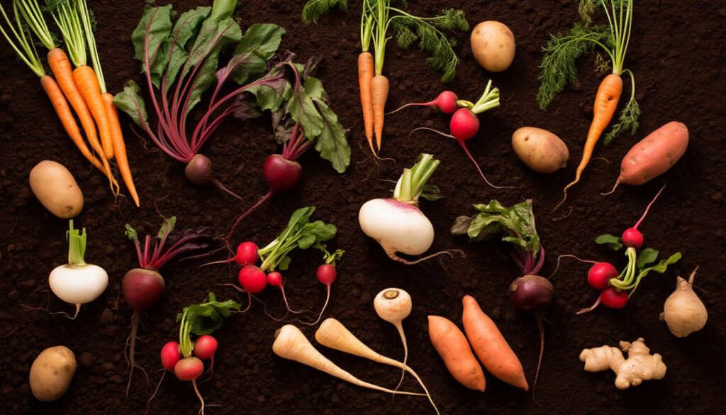 Assorted root vegetables including carrots, beets, radishes, turnips, potatoes, sweet potatoes, parsnips, and ginger arranged on dark soil.