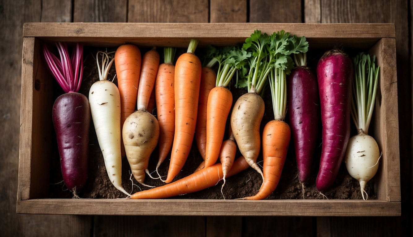 A variety of root vegetables including carrots, beets, and radishes neatly arranged in a wooden box with soil.