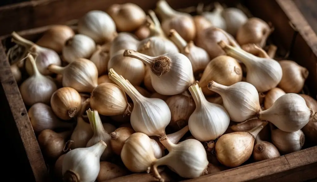 A collection of fresh Spanish garlic bulbs with their stems intact, displayed in a rustic wooden box.