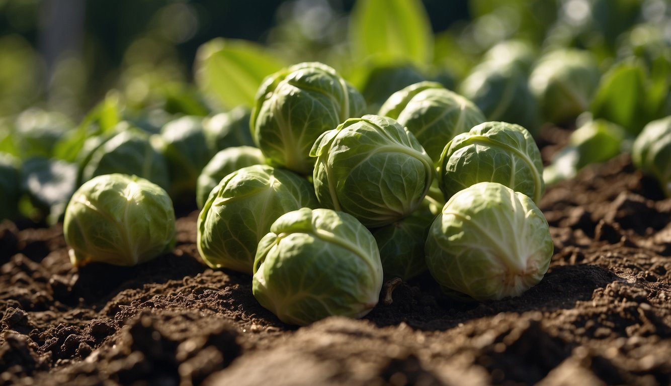 A close-up image of fresh Brussels sprouts growing in rich, dark soil with sunlight illuminating the green leaves.