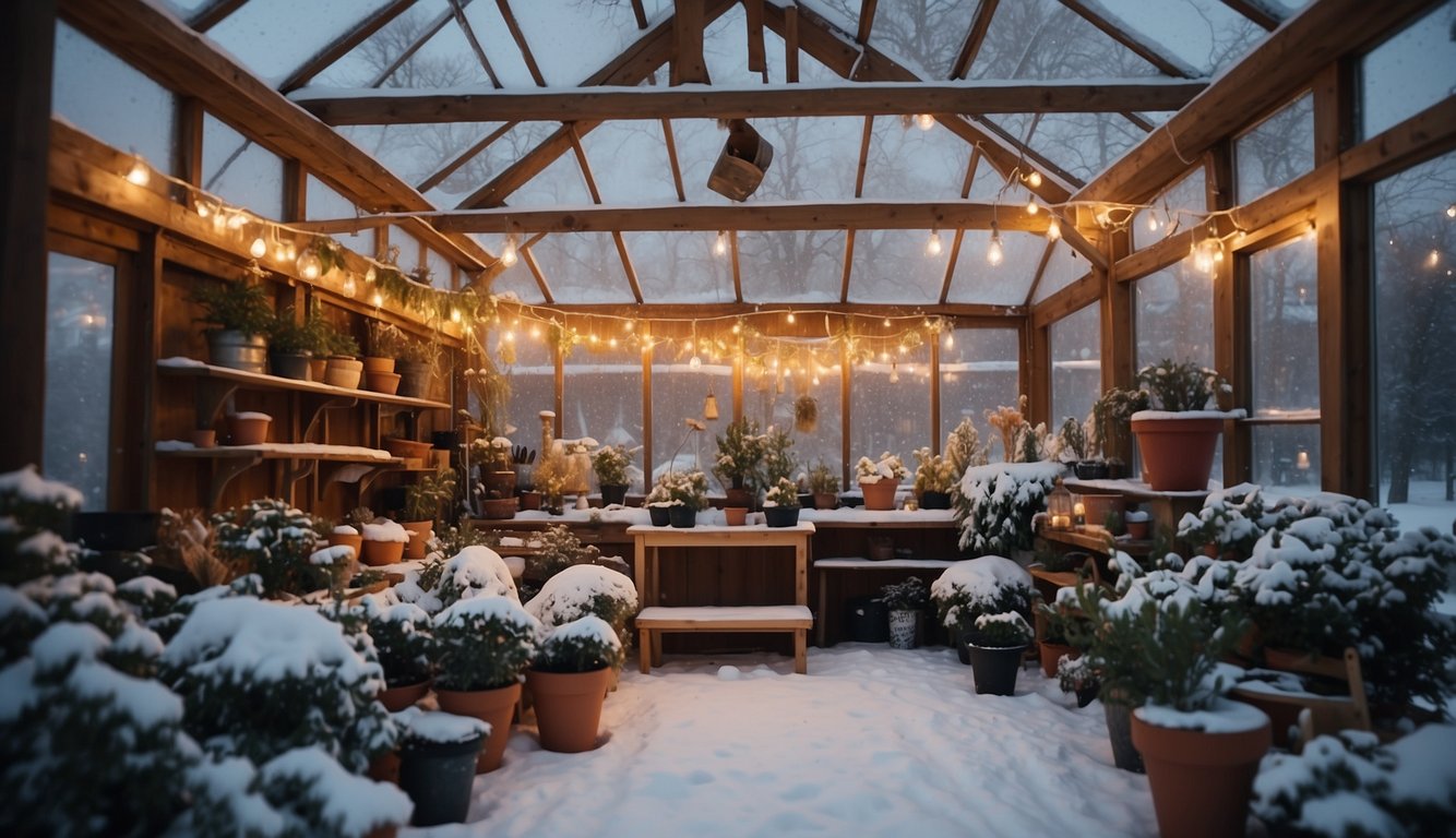 A cozy winter greenhouse adorned with warm lights, housing a variety of plants covered in a gentle layer of snow.