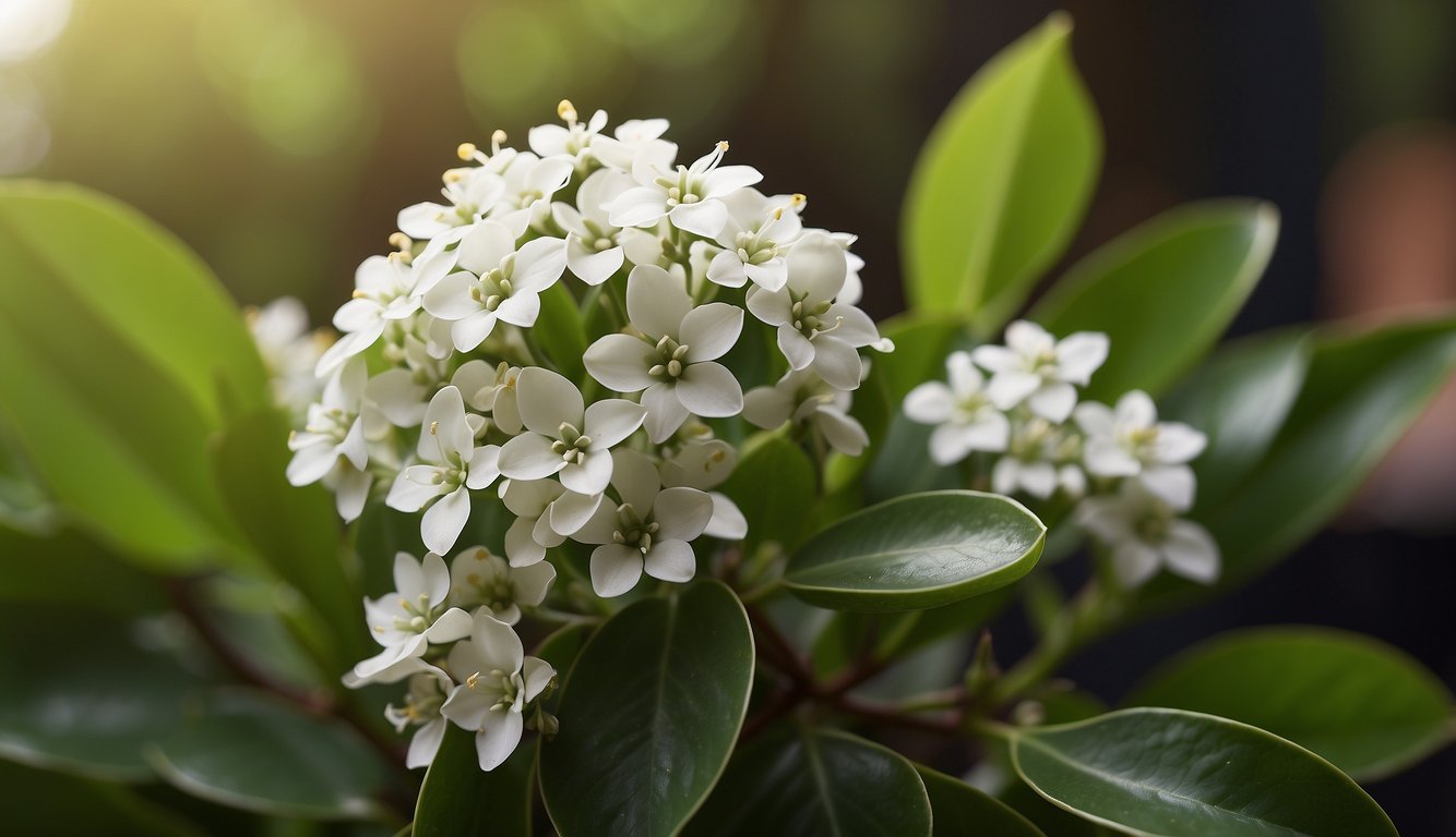 Cluster of blooming white hoya flowers with five petals, surrounded by glossy green leaves in soft focus.