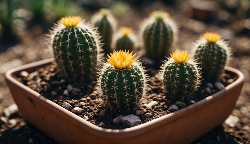 Barrel-shaped cacti with yellow flowers growing in rocky soil inside a planter, showing healthy structure.