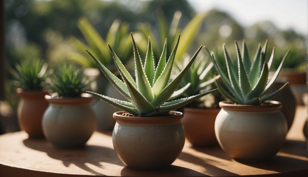 Potted aloe vera plants with thick green leaves arranged outdoors on a wooden surface in soft sunlight.