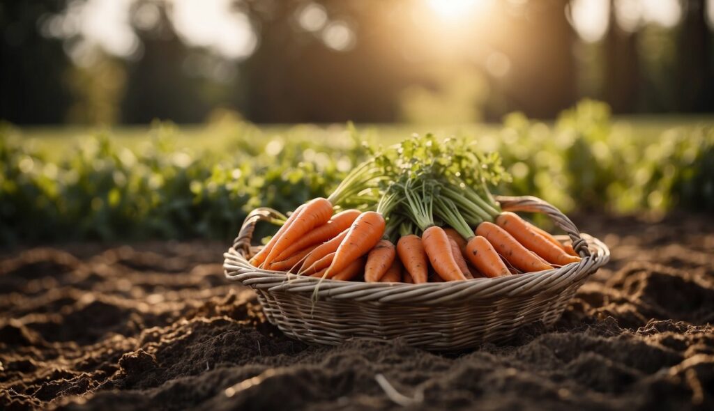 A wicker basket filled with freshly harvested carrots with leafy tops, resting on garden soil in a sunlit field.