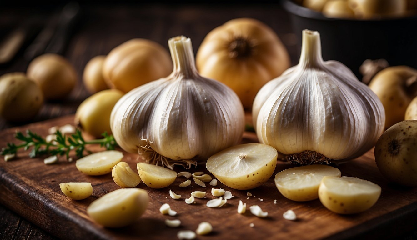 Two whole garlic bulbs and several cloves with halved and whole potatoes on a wooden cutting board, onions in the background, suggesting preparation for a garlic potato recipe.