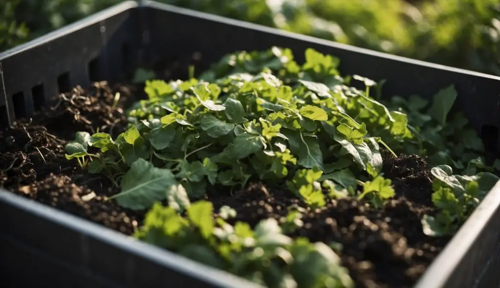 A close-up view of a compost bin filled with rich, dark soil and young green plants, illuminated by natural light.