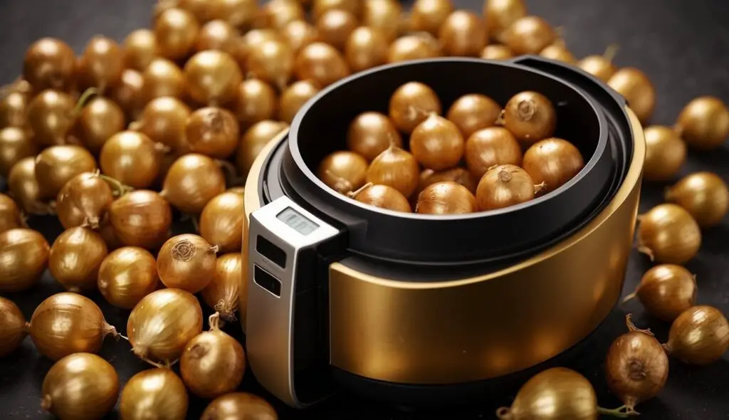 A collection of golden pearl onions scattered on a dark surface, with some placed inside an open air fryer.