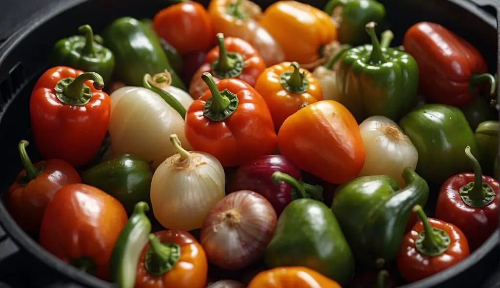 A variety of colorful bell peppers and onions in an air fryer, ready to be cooked.