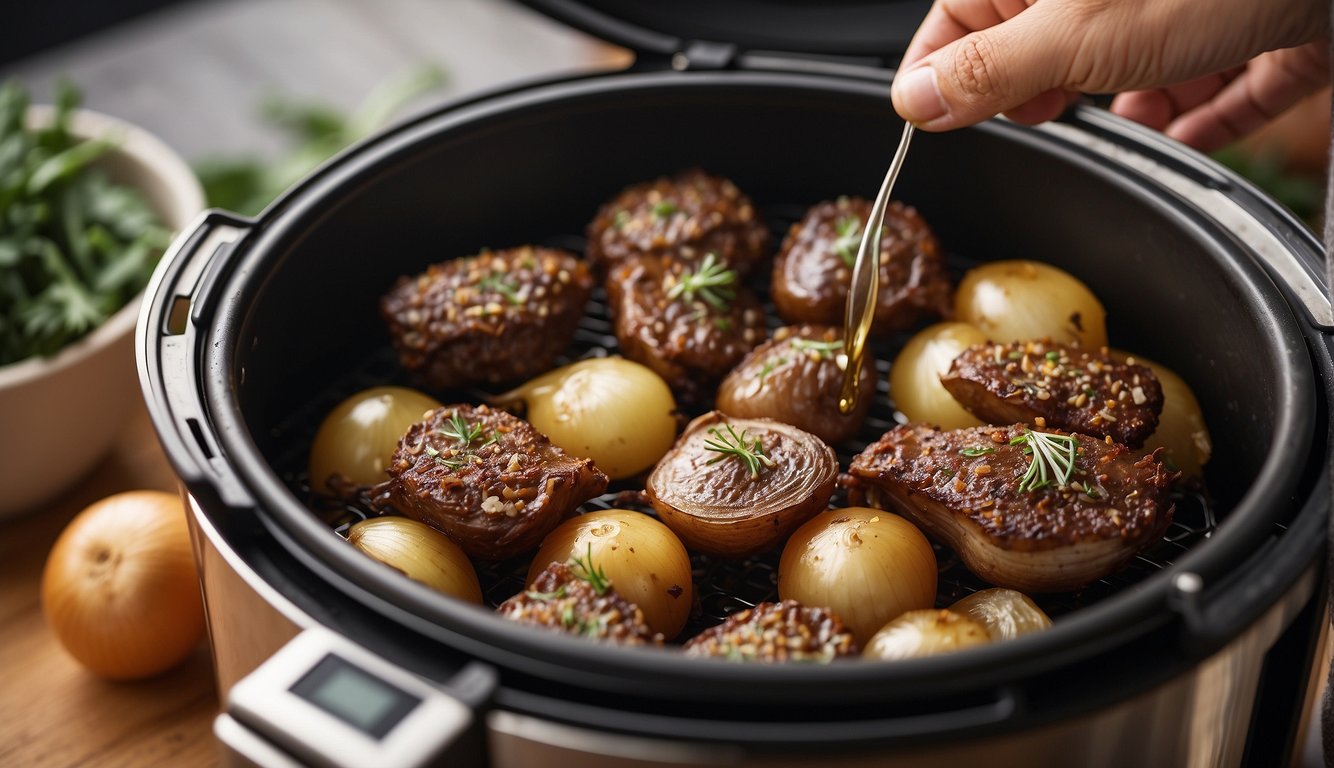 A person is using tongs to pick a piece of liver from an air fryer that contains cooked liver and onions, garnished with herbs.