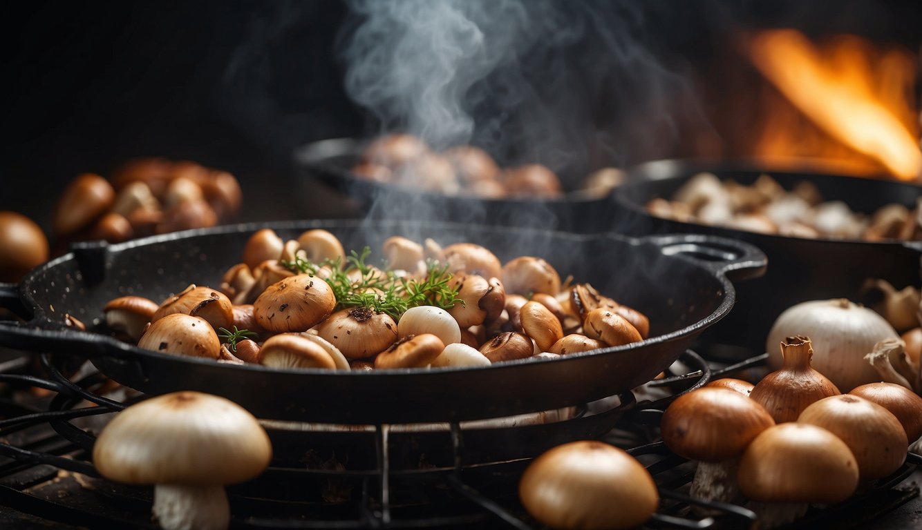 A sizzling pan of mushrooms and onions on a grill, seasoned and garnished, emitting steam, with a warm fire in the background.