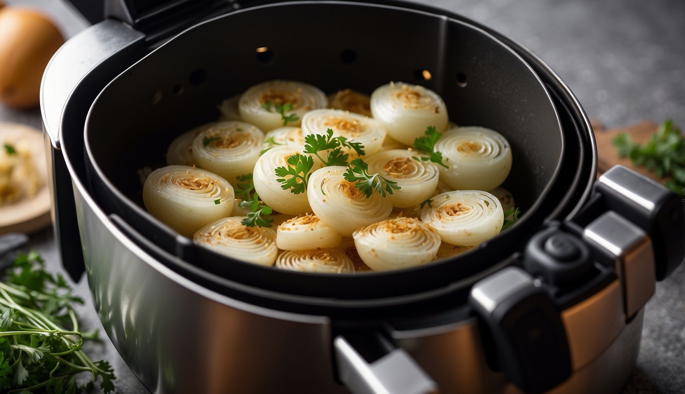 A close-up view of an air fryer containing beautifully cooked onions garnished with fresh parsley, showcasing a healthy and quick cooking method.