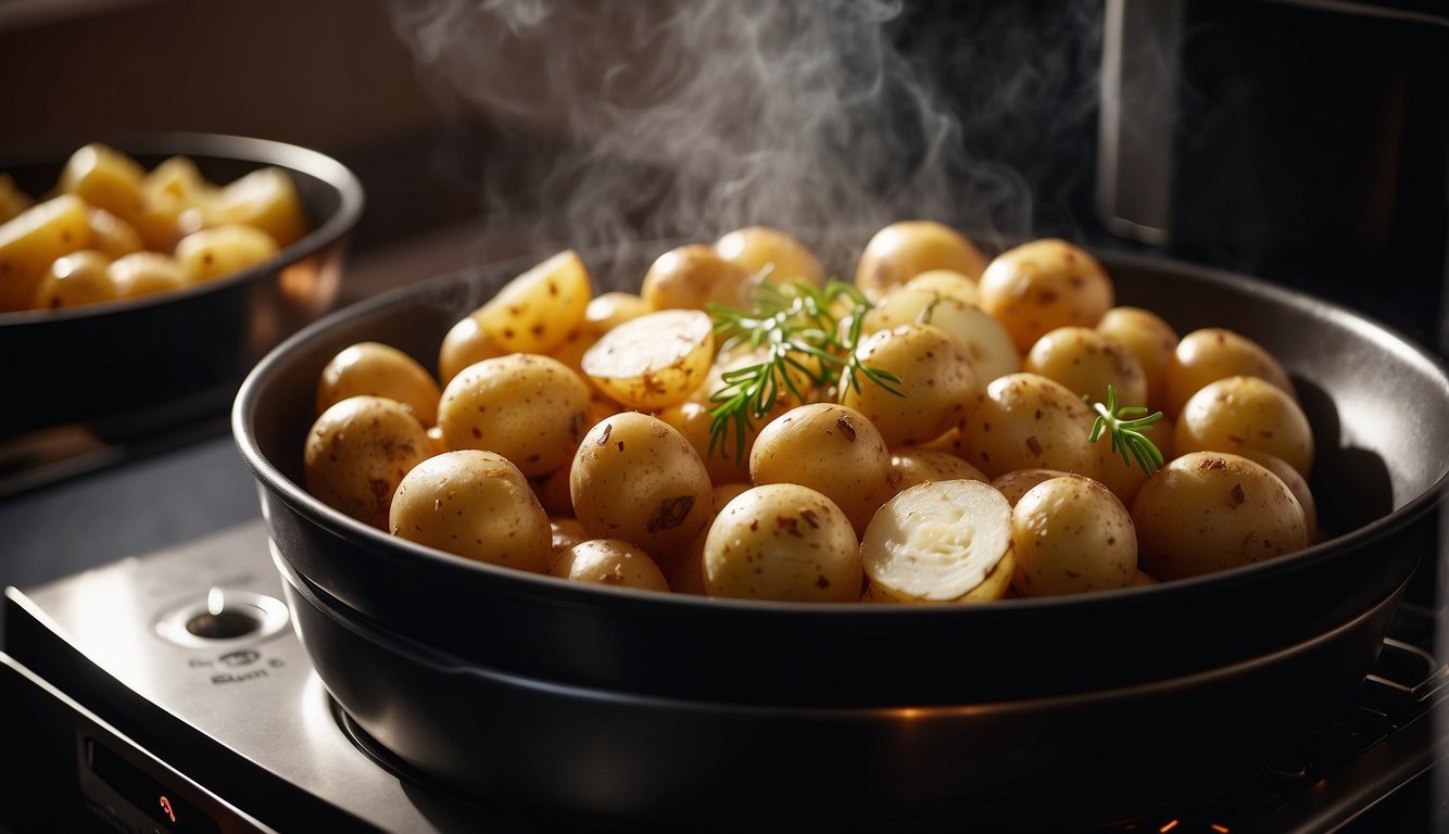 A pan full of golden brown air-fried potatoes and onions, garnished with fresh herbs, steaming hot and ready to be served.
