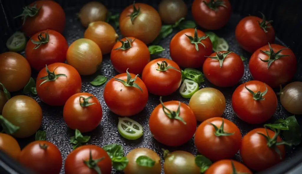 A variety of tomatoes and onions inside an air fryer, garnished with fresh basil leaves.