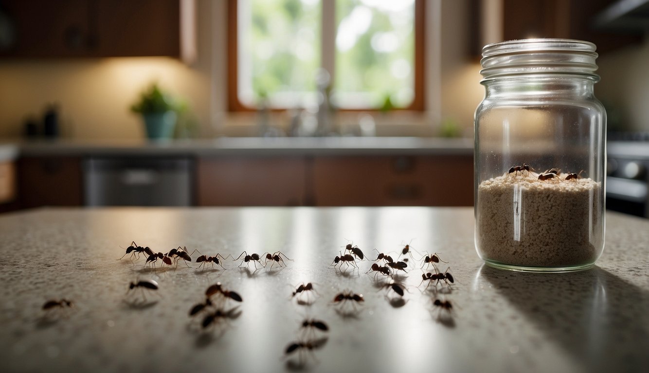 A group of ants on a kitchen countertop, with several ants inside a glass jar filled with sugar.