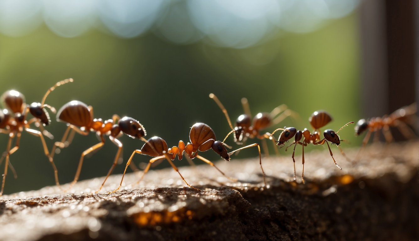A close-up image of ants on a surface, illuminated by natural light.