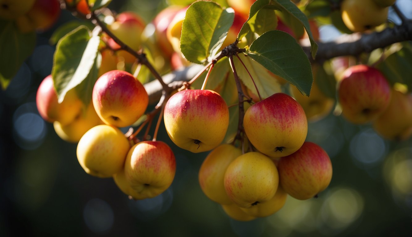 A cluster of ripe crab apples hanging from a tree branch, illuminated by sunlight.