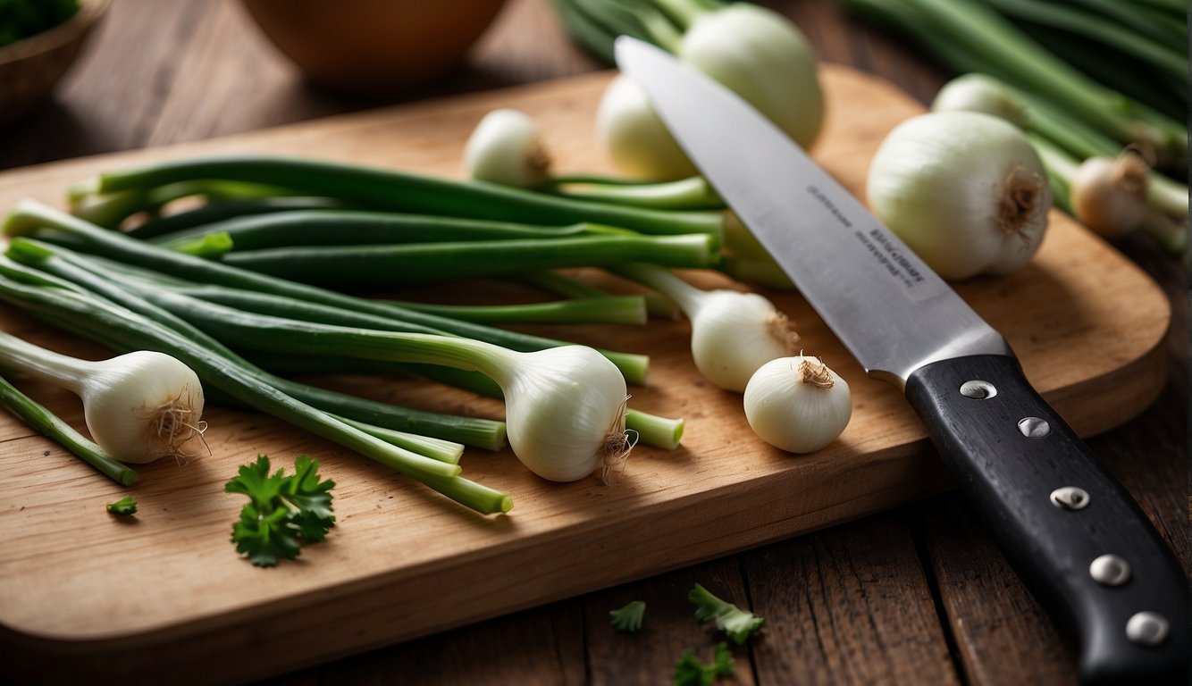 A close-up image of fresh green onions and a knife on a wooden cutting board, highlighting the natural texture and colors of the onions.