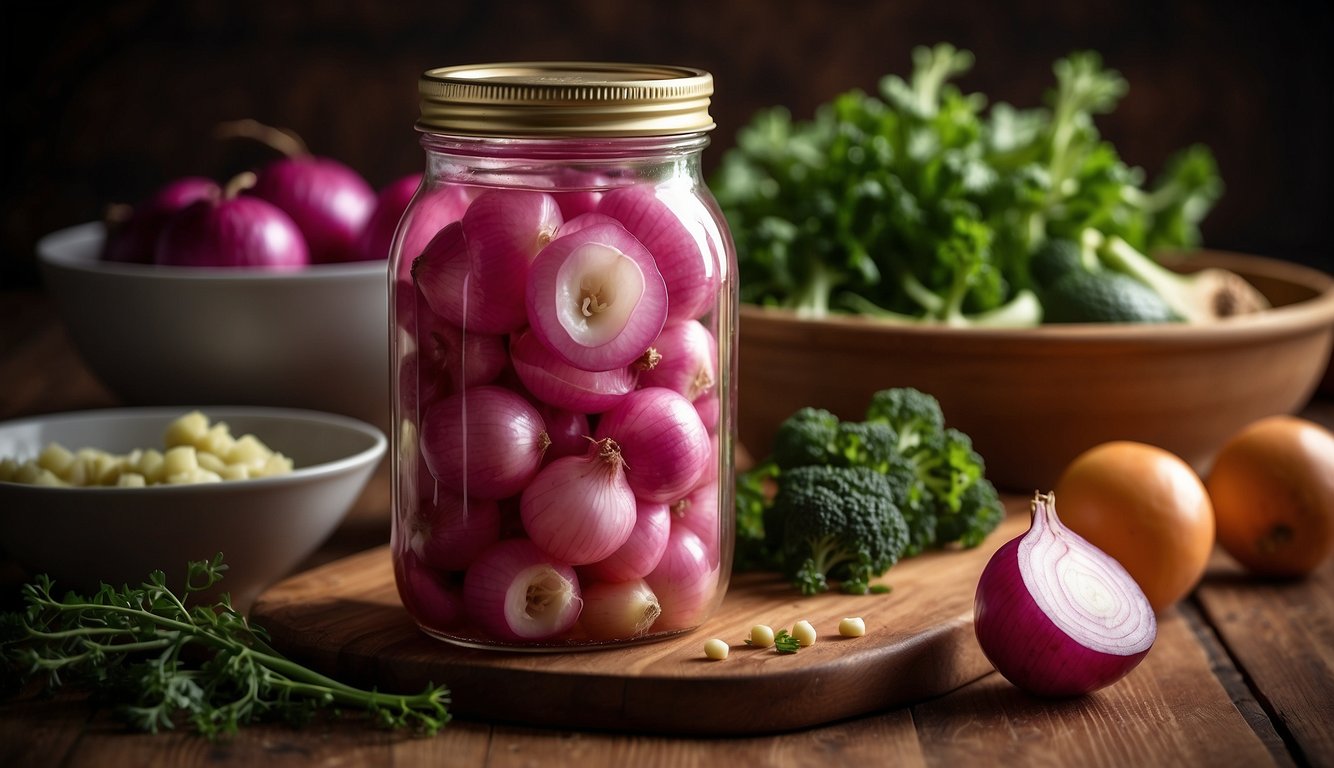 A jar of pickled onions surrounded by fresh vegetables and herbs on a wooden surface, illuminated by warm lighting.