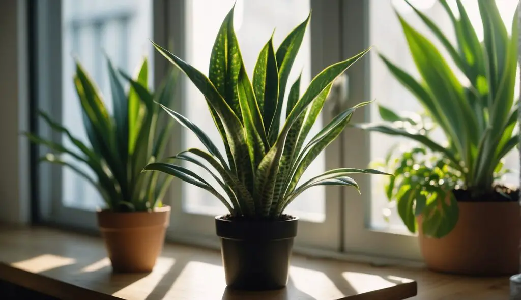 A collection of snake plants in various pots, basking in the sunlight near a window.