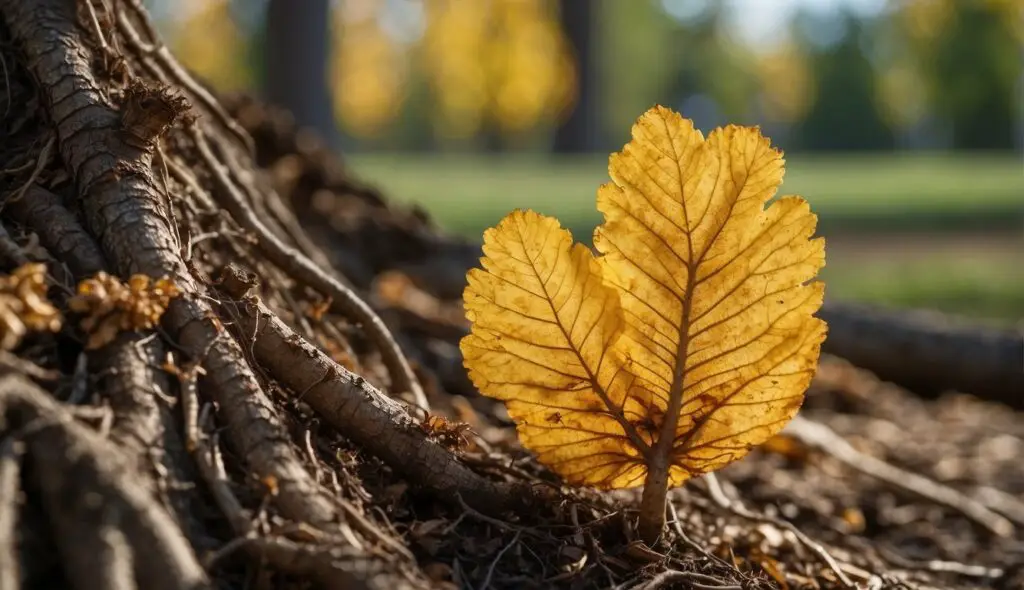 A close-up view of tree roots with a single yellow leaf standing upright among them.