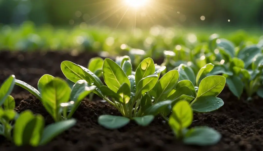 A close-up view of arugula plants sprouting from the soil, bathed in the warm glow of sunlight.