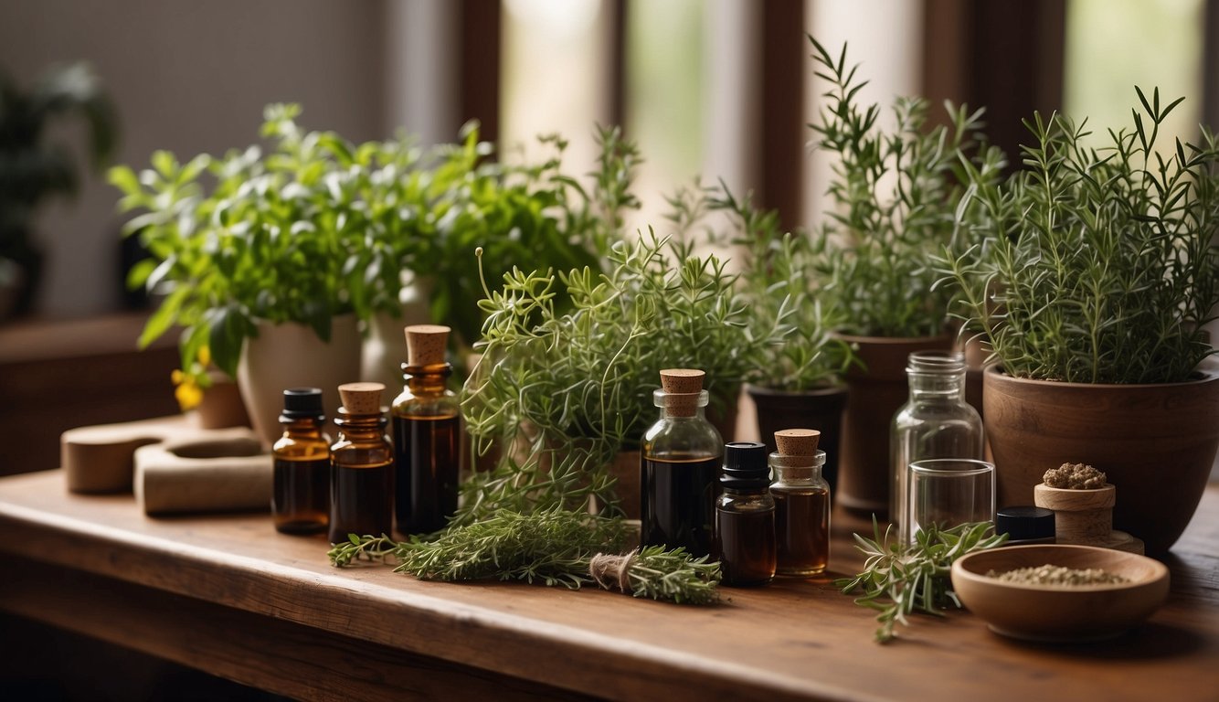 A serene display of herbal remedies including various green plants and bottled oils arranged on a wooden surface, illuminated by natural light.