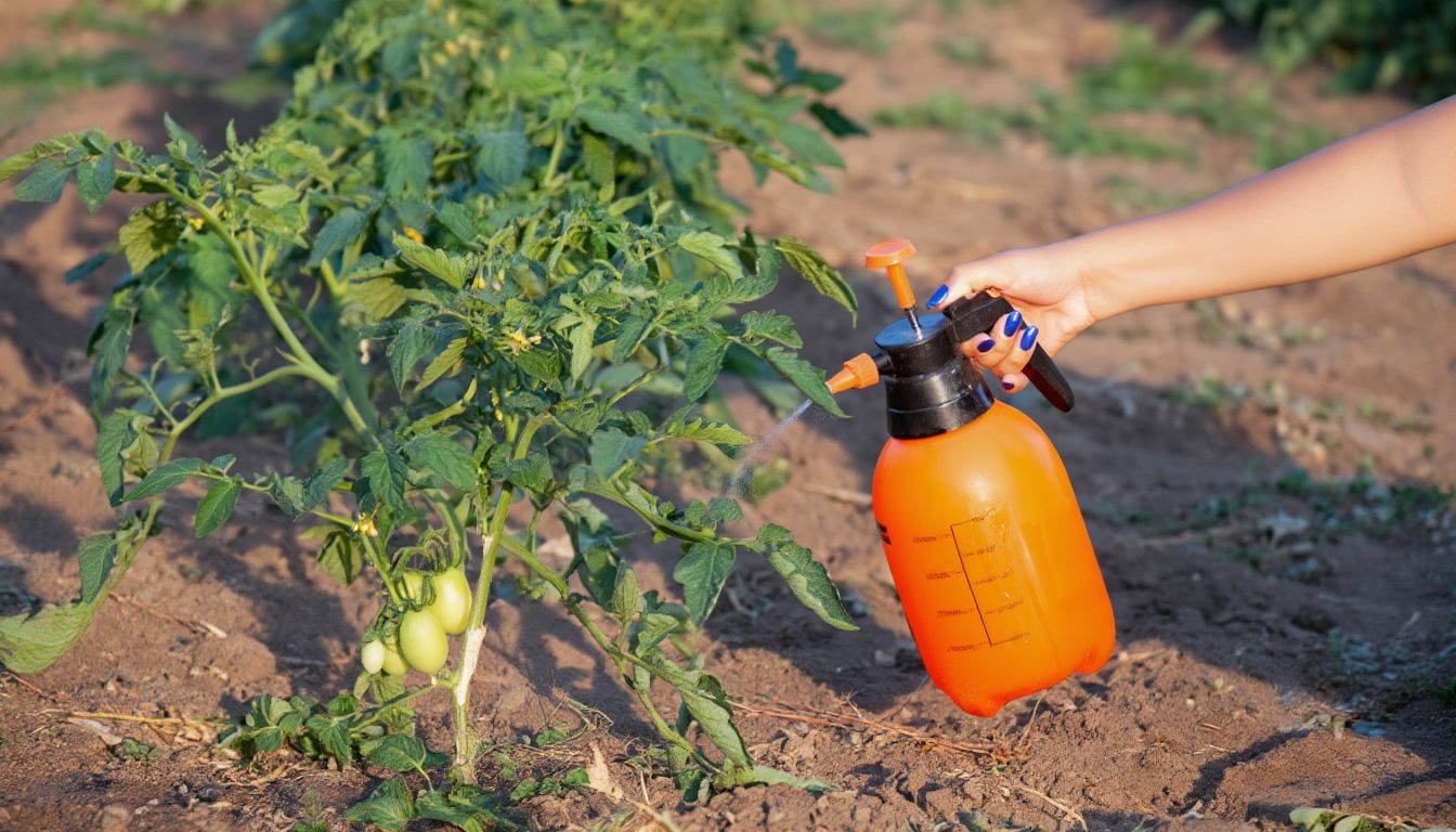 Hand spraying a tomato plant with liquid fertilizer using an orange garden sprayer; green tomatoes hang from the branches.