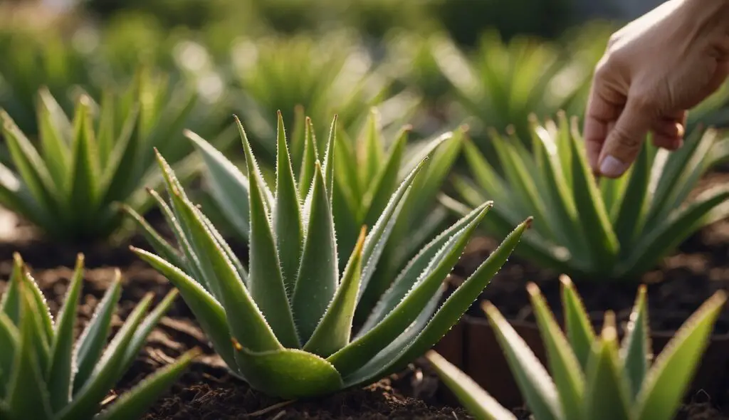 A person’s hand reaching towards a healthy aloe vera plant in a garden.