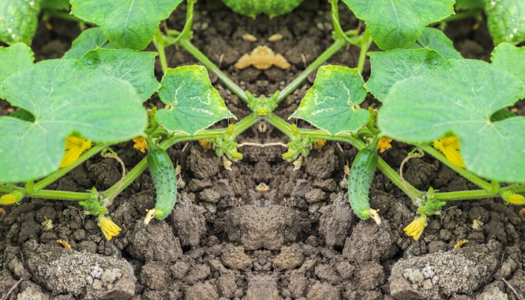 A healthy cucumber plant with green leaves, yellow flowers, and small cucumbers growing in moist soil.