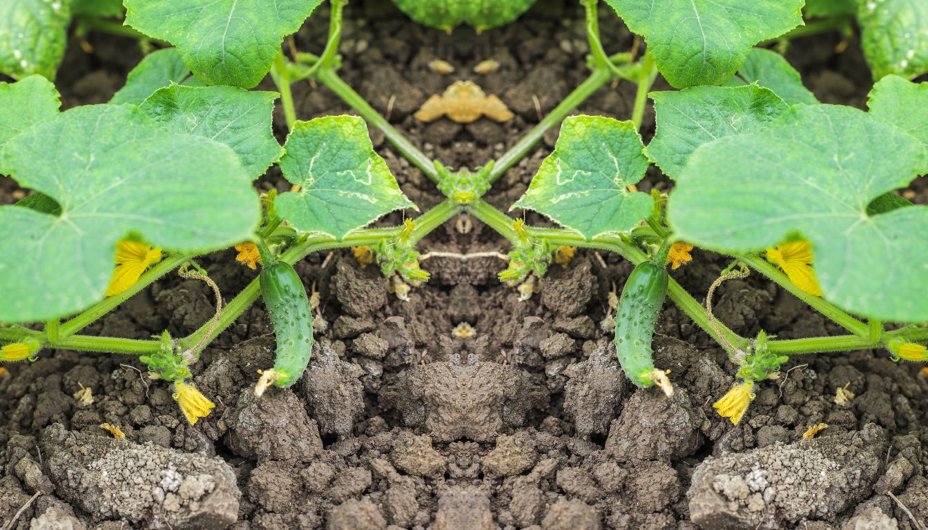 A healthy cucumber plant with green leaves, yellow flowers, and small cucumbers growing in moist soil.