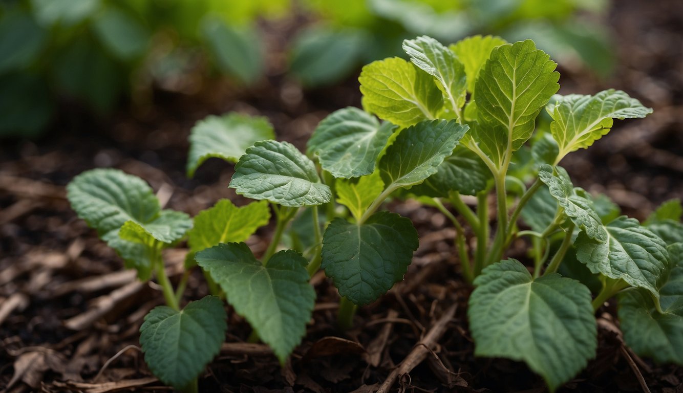 Young cucumber plants with vibrant green leaves growing in rich soil.