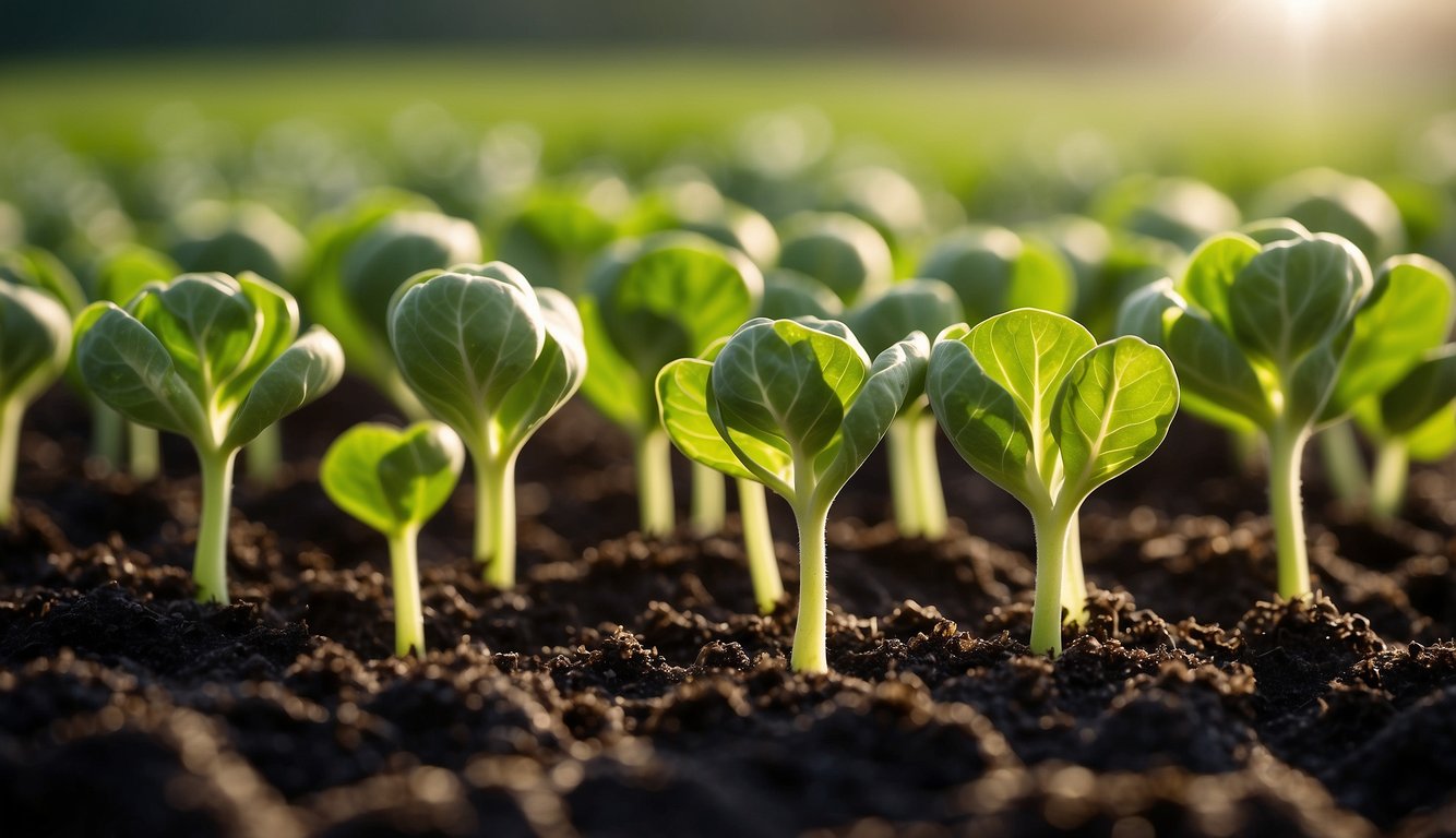 A field of young Brussels sprout seedlings emerging from the soil, bathed in sunlight.