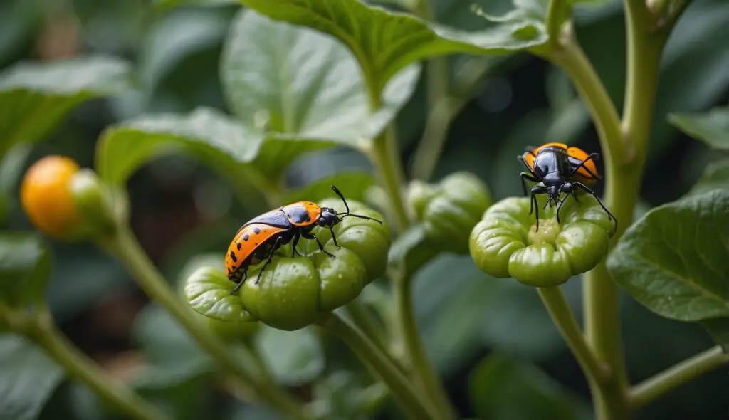 Two brightly colored bugs on green bell pepper plants.