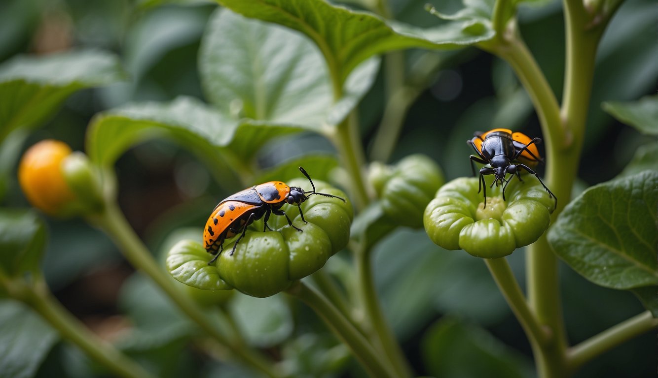 Two brightly colored bugs on green bell pepper plants.