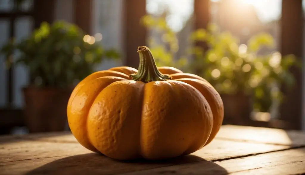 A ripe butternut squash fruit illuminated by sunlight, resting on a wooden surface with greenery in the background.