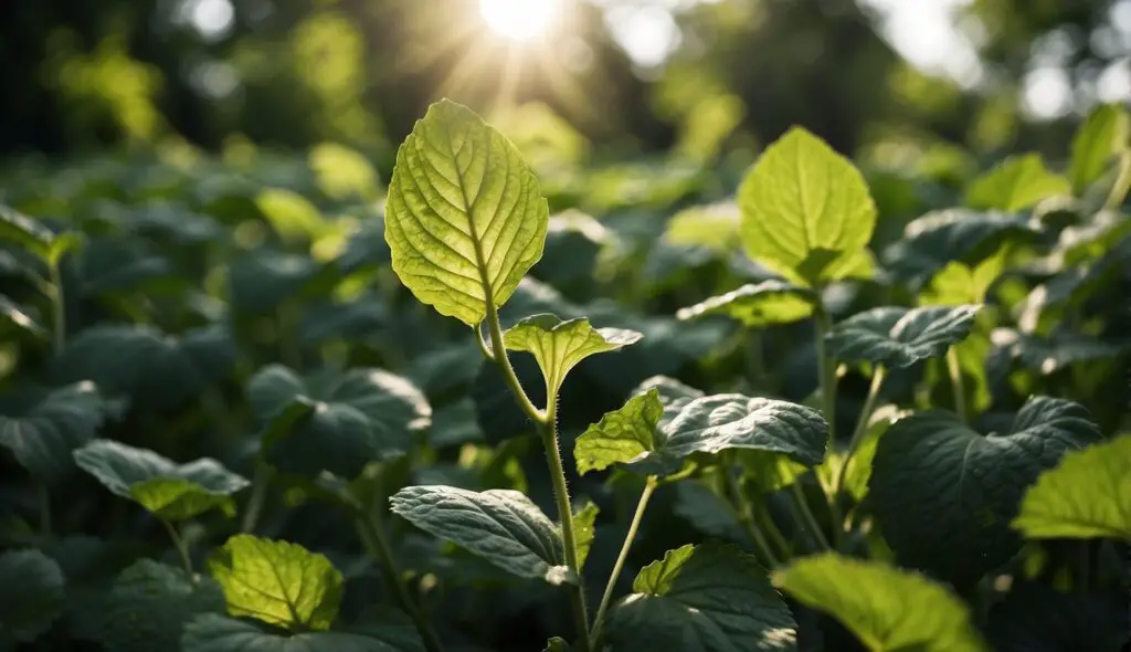 A sunbeam illuminating a green leaf amidst a field of lush foliage.