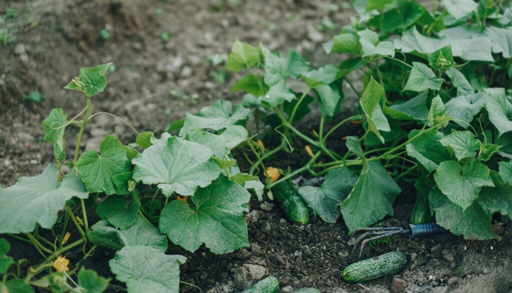 Cucumber plant with broad green leaves, yellow flowers, and mature cucumbers growing in a garden bed.
