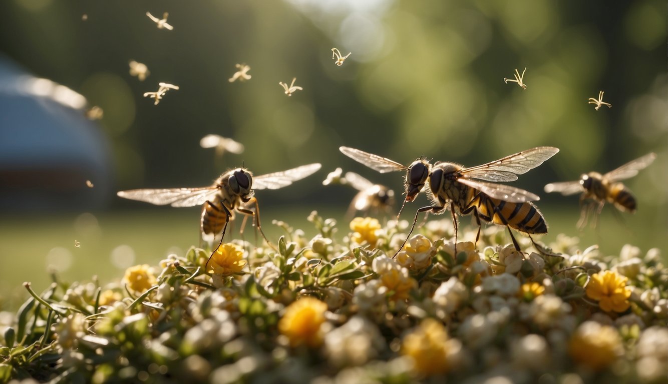 A close-up image of wasps hovering over and landing on a cluster of yellow flowers, with numerous gnats flying around them, illuminated by the soft glow of sunlight.