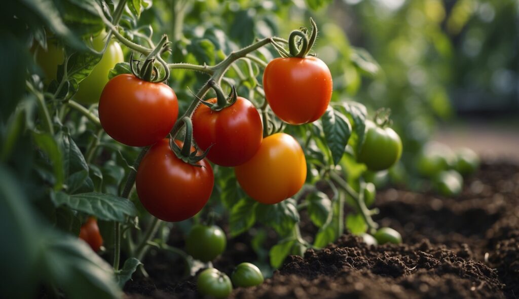 A close-up image of a tomato plant with ripe, semi-ripe, and green tomatoes hanging from the branches, surrounded by rich soil and greenery.