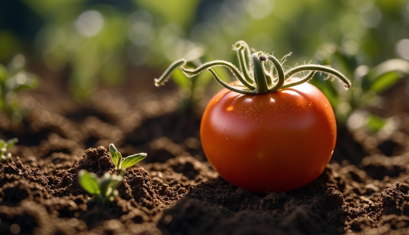 A ripe tomato with green stems sits on fertile soil, illuminated by sunlight, with young plants sprouting nearby.