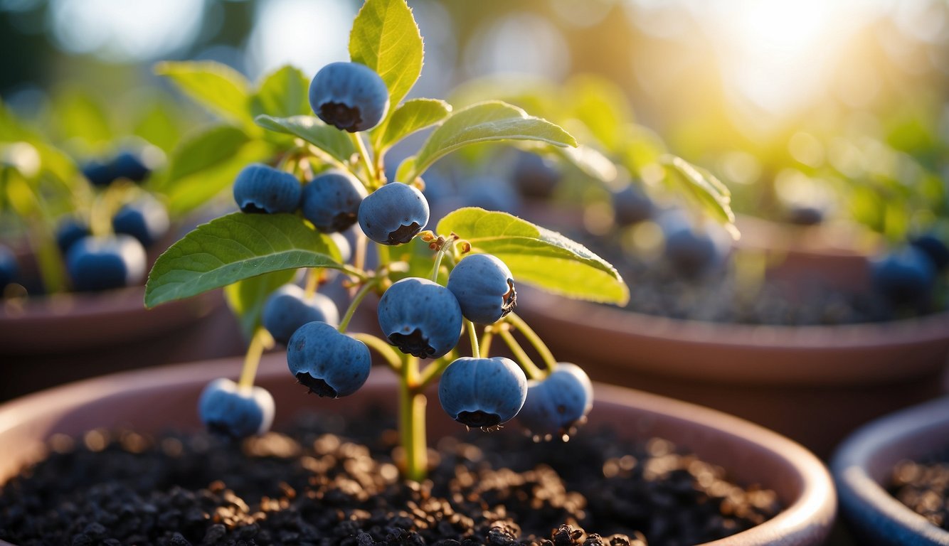 A vibrant display of ripe blueberries growing on a small plant, nestled in a container filled with soil, with multiple containers in the background illuminated by the soft glow of sunlight.