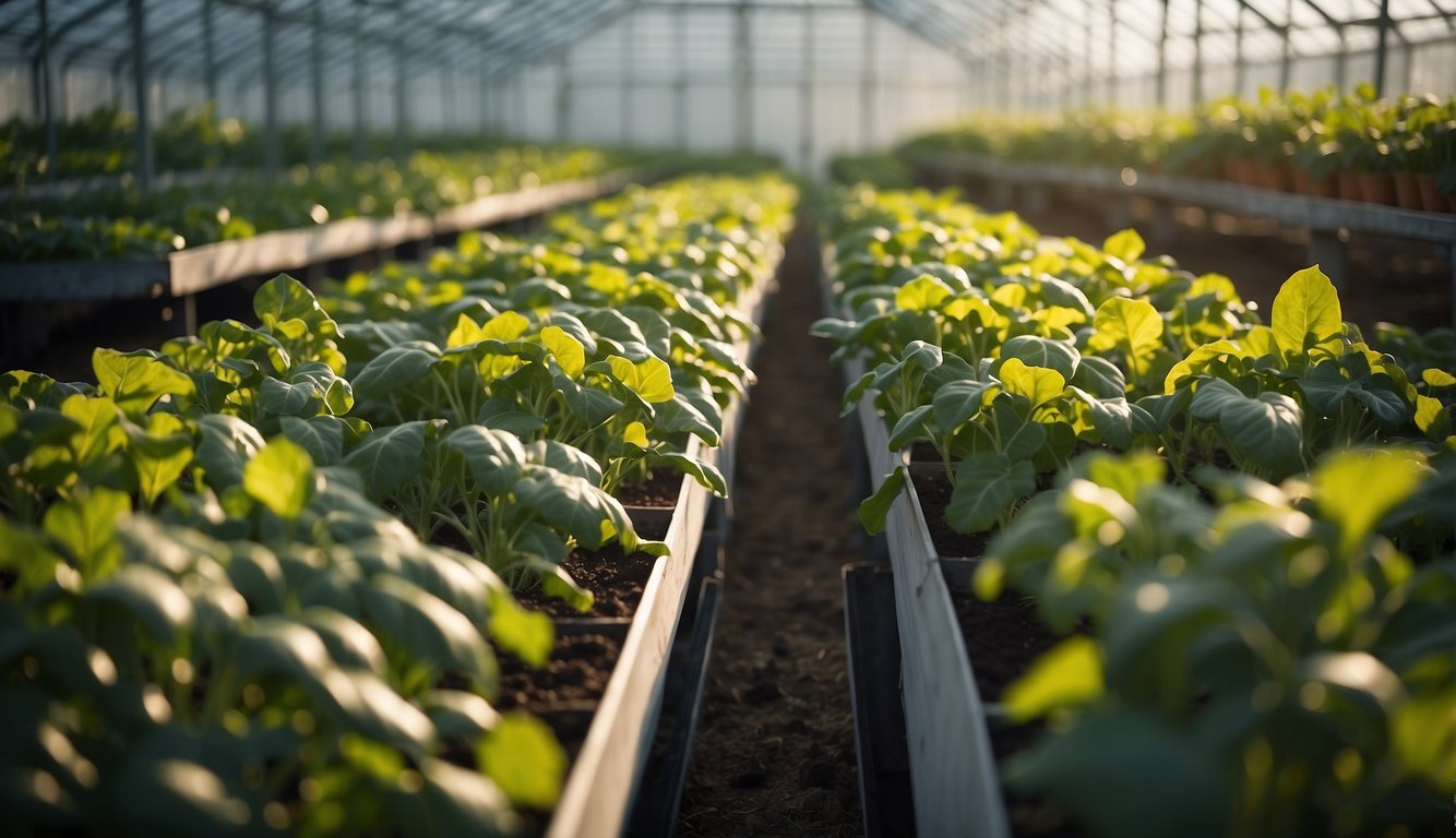 A greenhouse filled with rows of lush green vegetables, illustrating the possibility of year-round cultivation.