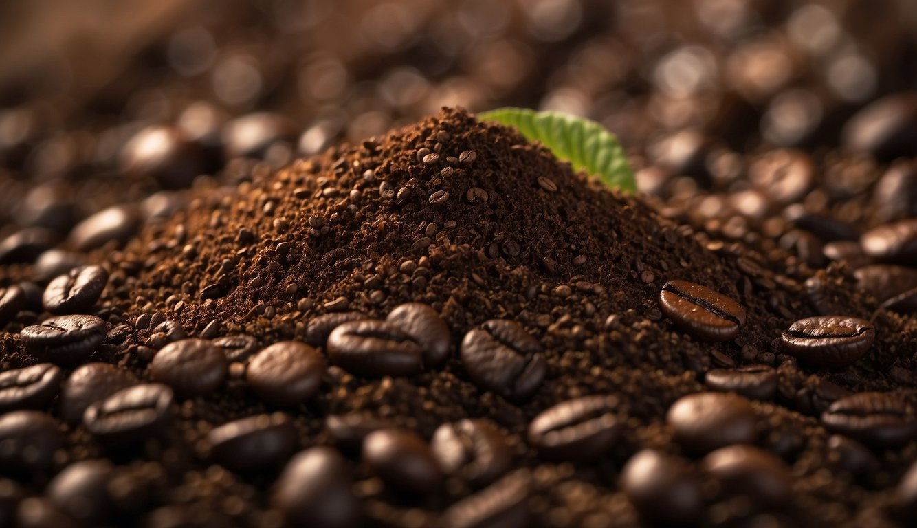 A close-up image of coffee grounds mixed with whole coffee beans, illustrating the reuse of coffee waste as a natural fertilizer.